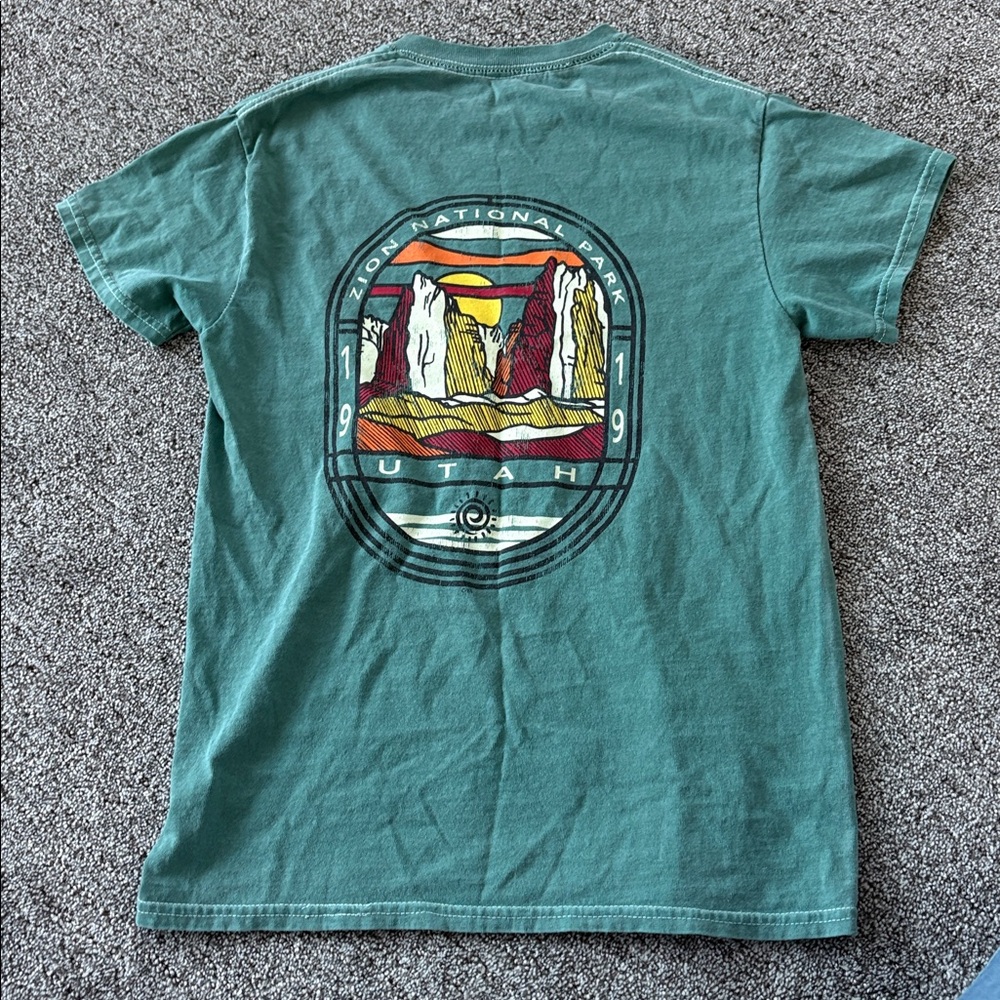 Green Crewneck Graphic Tee with Small Chest Patch